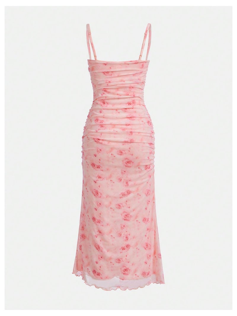 WDIRARA Girl's Floral Print Square Neck Mesh Sleeveless Ruched Cami Dress Party Bodycon Dresses Pink 16Y - Image 2