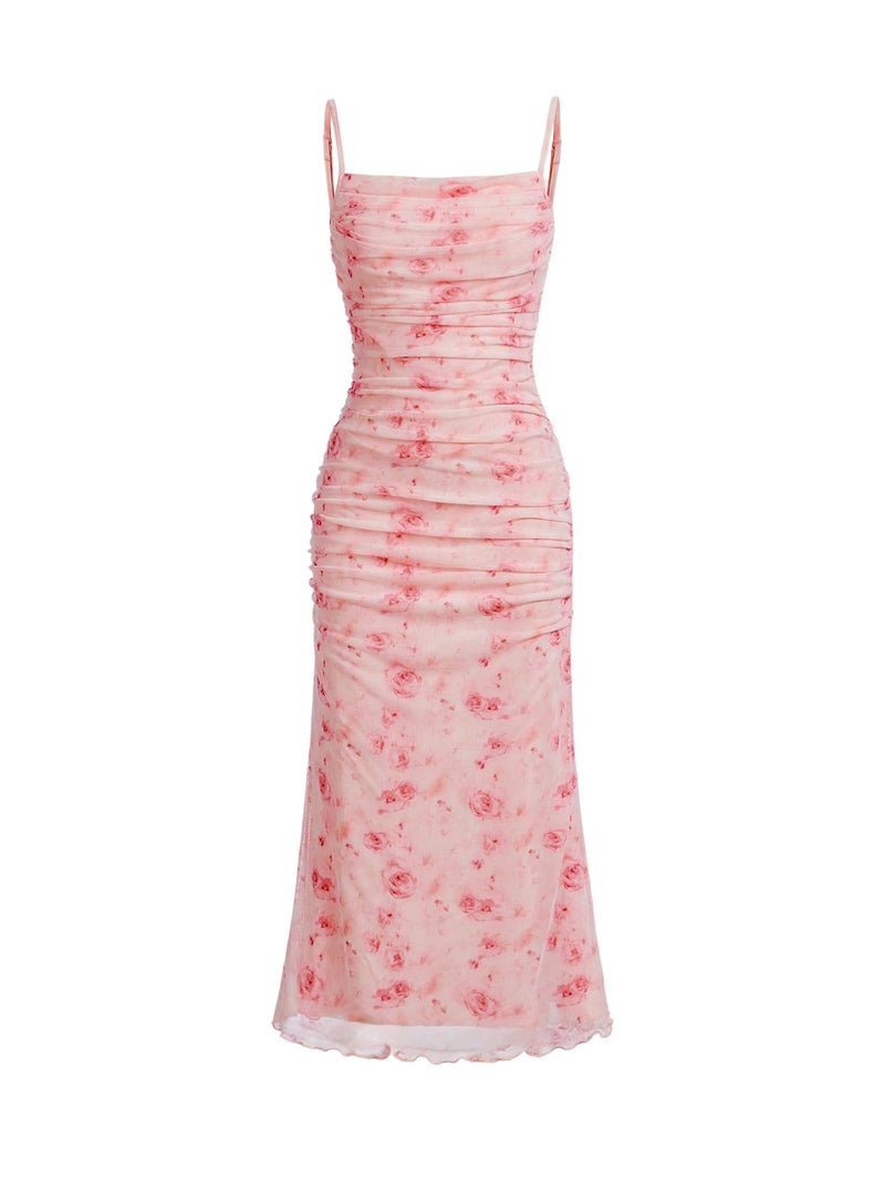 WDIRARA Girl's Floral Print Square Neck Mesh Sleeveless Ruched Cami Dress Party Bodycon Dresses Pink 16Y - Image 1