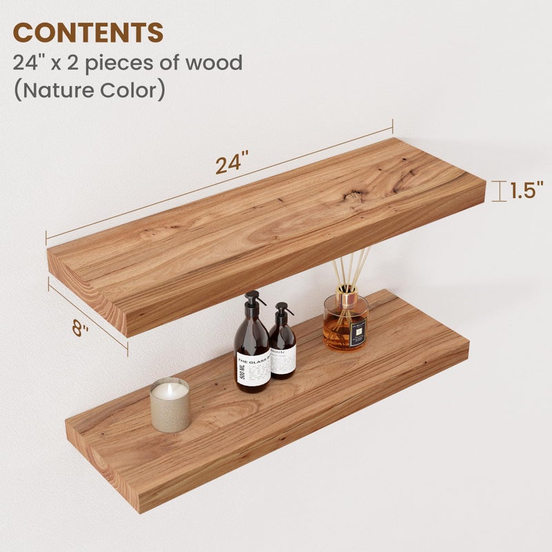 FLYJOE Floating Shelves for Wall Decor, 8" Deep Rustic Solid Elm Wood Floating Shelves Wall Mounted, Wall Shelves with Invisible Bracket for Living Room Bathroom Bedroom Kitchen, 24 Inch Set of 2, Natural - Image 2