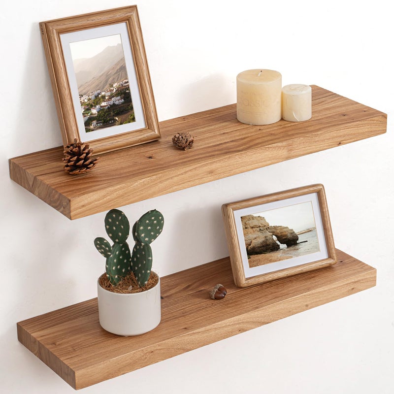 FLYJOE Floating Shelves for Wall Decor, 8" Deep Rustic Solid Elm Wood Floating Shelves Wall Mounted, Wall Shelves with Invisible Bracket for Living Room Bathroom Bedroom Kitchen, 24 Inch Set of 2, Natural - Image 1