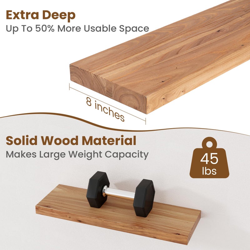 FLYJOE Floating Shelves for Wall Decor, 8" Deep Rustic Solid Elm Wood Floating Shelves Wall Mounted, Wall Shelves with Invisible Bracket for Living Room Bathroom Bedroom Kitchen, 24 Inch Set of 2, Natural - Image 5