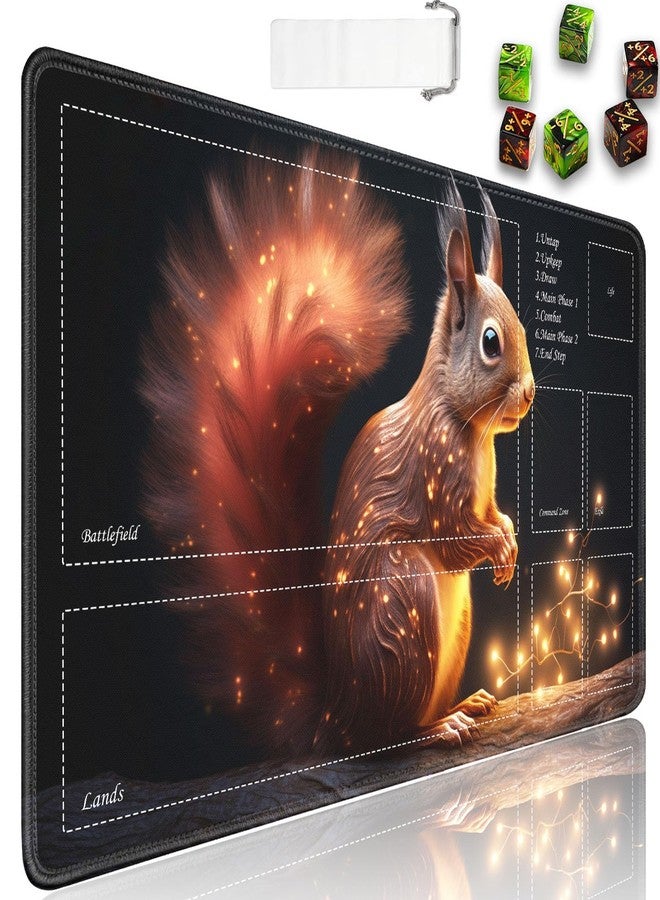JVGFYNKL for TCG Playmat, Playmat with Zones, 24x14 in Non-Slip Rubber for MTG Playmat with Drawstring Travel Pouch and 6 Dice, Glowing Squirrel for MTG Mat, Card Game Playmats - Image 1