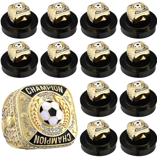 Landical 12 Pcs Soccer Championship Rings Soccer Champion Trophy Rings Sport Ball Award Gift Prize with Display Neck Chain and Stand for Tournament or Champion WinnerGold - Image 1