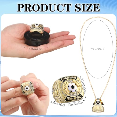Landical 12 Pcs Soccer Championship Rings Soccer Champion Trophy Rings Sport Ball Award Gift Prize with Display Neck Chain and Stand for Tournament or Champion WinnerGold - Image 3