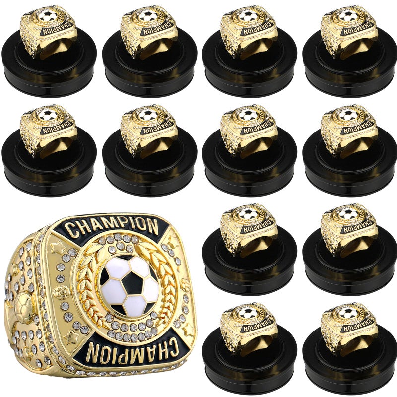 Landical 12 Pcs Soccer Championship Rings Soccer Champion Trophy Rings Sport Ball Award Gift Prize with Display Neck Chain and Stand for Tournament or Champion WinnerGold - Image 2