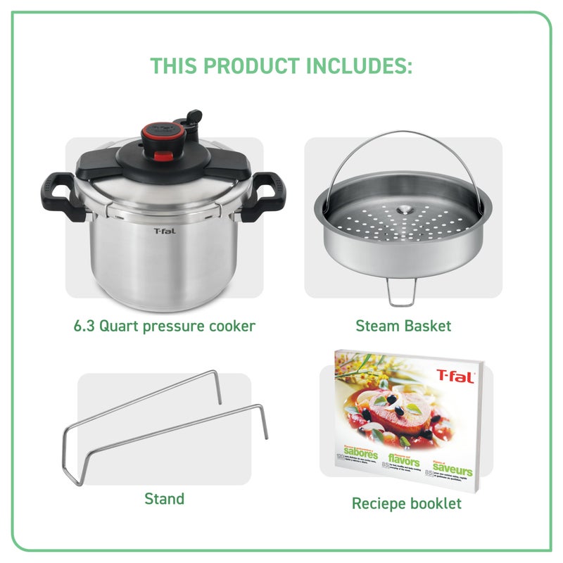 T-fal Clipso Stainless Steel Pressure Cooker 6.3 Quart, Induction , Secure locking System, One Hand System, Recipe Book Included, Cookware, Pots and Pans, Kitchen, Dishwasher Safe, Silver - Image 2