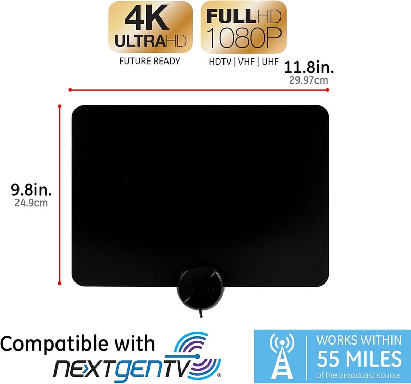 جي إي هوائي تلفزيون داخلي مكبر فائق النحافة من ، جاهز للدقة الفائقة 4K و1080P رقمي عالي الوضوح UHF VHF، هوائي تلفزيون داخلي بعيد المدى، مكبر مع فلتر LTE، تشطيب قابل للعكس باللونين الأسود/الأبيض، 48862 - Image 2