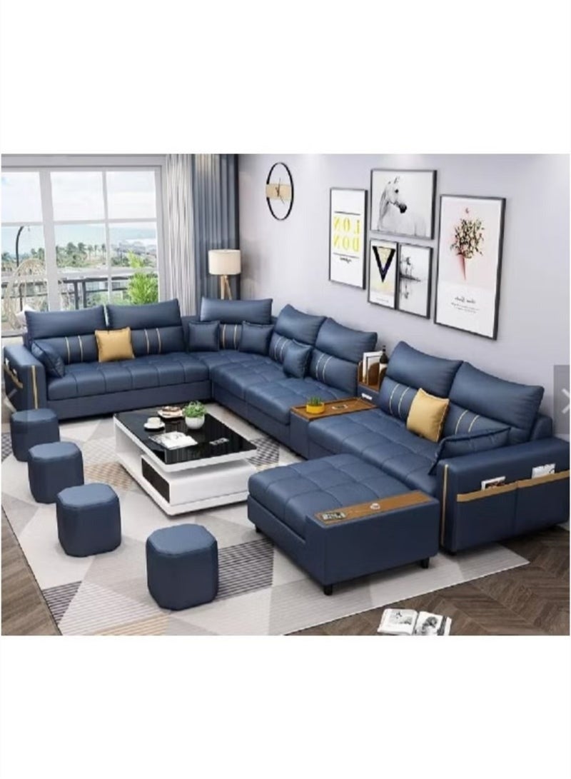 Al Zakharef Furniture Zahra Modern U-Shaped Sofa Set, 7 Seater PU Leather Sectional Couch with Chaise Lounge, Corner Living Room Furniture – Blue (389×231×86 cm) - Image 1