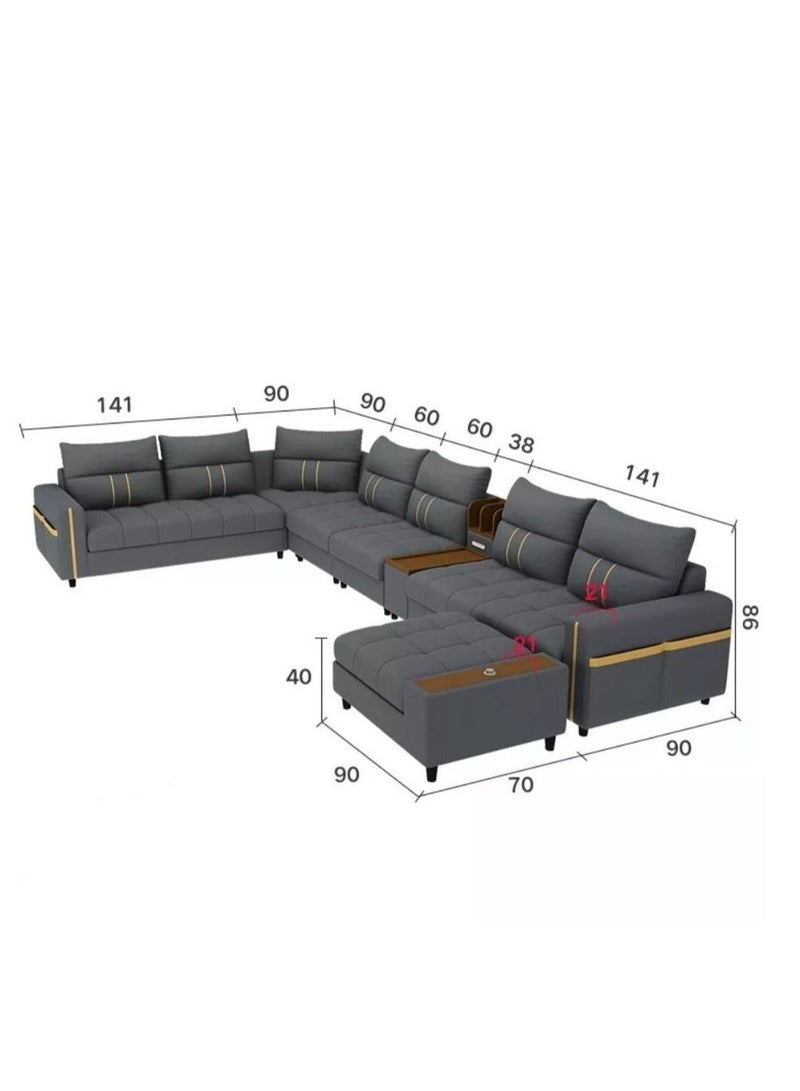 Al Zakharef Furniture Zahra Modern U-Shaped Sofa Set, 7 Seater PU Leather Sectional Couch with Chaise Lounge, Corner Living Room Furniture – Blue (389×231×86 cm) - Image 2