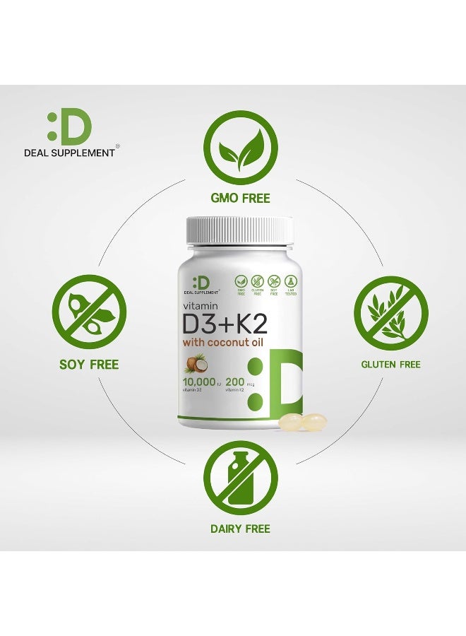 DEAL SUPPLEMENT فيتامين د3 10,000 وحدة دولية + ك2 Mk7 200 ميكروغرام، مدعوم بزيت جوز الهند البكر، 250 كبسولة لينة، فيتامين د وك بقوة مضاعفة، يعزز صحة القلب والعظام والأسنان - سهل البلع جداً - Image 3