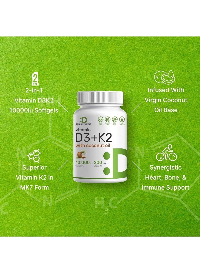 DEAL SUPPLEMENT فيتامين د3 10,000 وحدة دولية + ك2 Mk7 200 ميكروغرام، مدعوم بزيت جوز الهند البكر، 250 كبسولة لينة، فيتامين د وك بقوة مضاعفة، يعزز صحة القلب والعظام والأسنان - سهل البلع جداً - Image 4