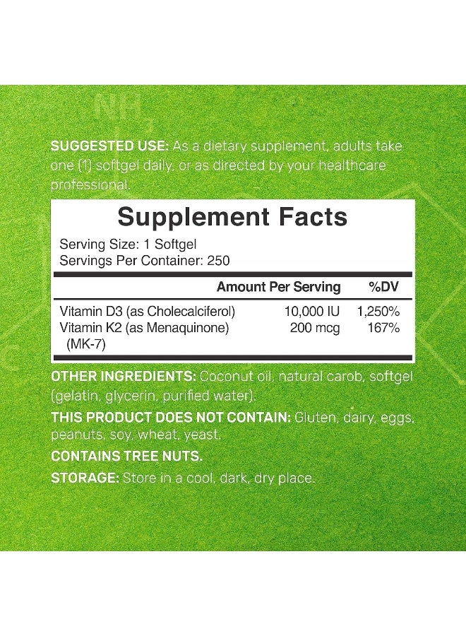 DEAL SUPPLEMENT فيتامين د3 10,000 وحدة دولية + ك2 Mk7 200 ميكروغرام، مدعوم بزيت جوز الهند البكر، 250 كبسولة لينة، فيتامين د وك بقوة مضاعفة، يعزز صحة القلب والعظام والأسنان - سهل البلع جداً - Image 2