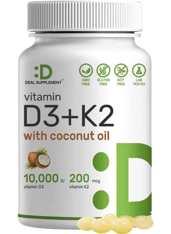 DEAL SUPPLEMENT فيتامين د3 10,000 وحدة دولية + ك2 Mk7 200 ميكروغرام، مدعوم بزيت جوز الهند البكر، 250 كبسولة لينة، فيتامين د وك بقوة مضاعفة، يعزز صحة القلب والعظام والأسنان - سهل البلع جداً - Image 1