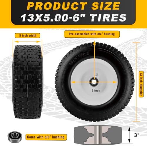 CMOOD 13x5.00-6 Flat Free Tire and Wheel with 3/4" & 5/8" Bearings – 2 Pack 13x5x6 Solid Lawn Mower Tires for Riding Lawn Mower Tires and Wheel with 3" Centered Hub - Image 2