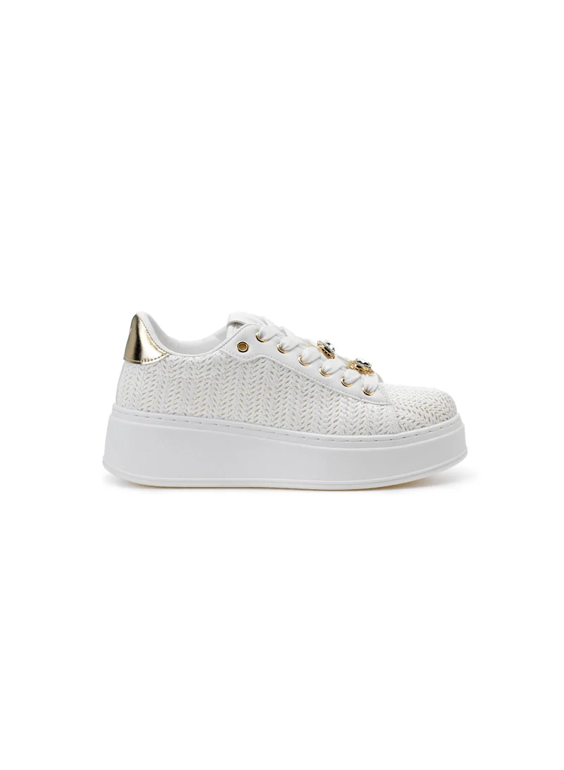 فريدي FREDDY Low Top Women’s Sneakers – White Platform Fashion Sneakers with Jewel Embellishments & Textured Woven Detail