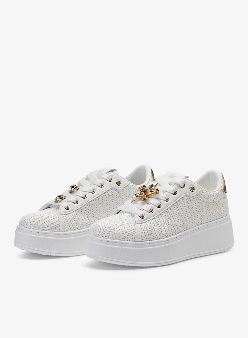 FREDDY FREDDY Low Top Women’s Sneakers – White Platform Fashion Sneakers with Jewel Embellishments & Textured Woven Detail