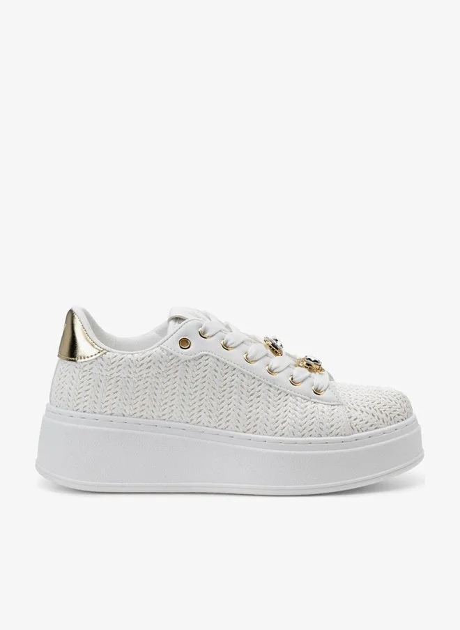 FREDDY FREDDY Low Top Women’s Sneakers – White Platform Fashion Sneakers with Jewel Embellishments & Textured Woven Detail