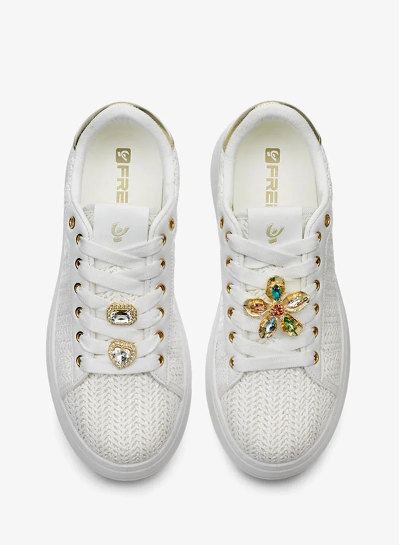 Freddy White & Gold FREDDY Low Top Women’s Sneakers – White Platform Fashion Sneakers with Jewel Embellishments & Textured Woven Detail for Women | Best Price UAE