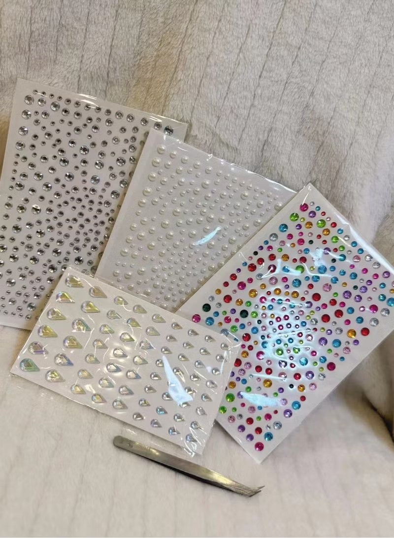 Self-Adhesive Shimmer Face & Hair Rhinestone Gem Set, Hypoallergenic Crystal Stickers with Tweezers, Multi-Size Pearls & Drop Jewels for Wedding, Ramadan Festival, Party Makeup & DIY Body Nail Art, 4 Sheets 1059 Pcs Unisex - Image 5