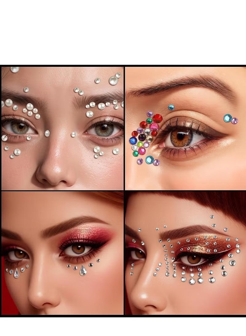 Self-Adhesive Shimmer Face & Hair Rhinestone Gem Set, Hypoallergenic Crystal Stickers with Tweezers, Multi-Size Pearls & Drop Jewels for Wedding, Ramadan Festival, Party Makeup & DIY Body Nail Art, 4 Sheets 1059 Pcs Unisex - Image 4