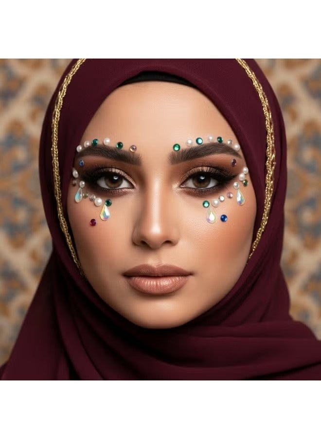 Self-Adhesive Shimmer Face & Hair Rhinestone Gem Set, Hypoallergenic Crystal Stickers with Tweezers, Multi-Size Pearls & Drop Jewels for Wedding, Ramadan Festival, Party Makeup & DIY Body Nail Art, 4 Sheets 1059 Pcs Unisex - Image 2