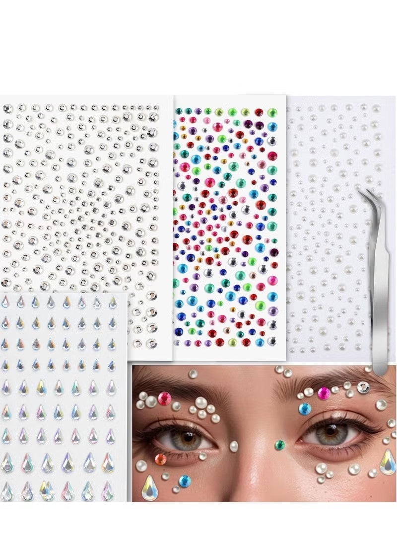 Self-Adhesive Shimmer Face & Hair Rhinestone Gem Set, Hypoallergenic Crystal Stickers with Tweezers, Multi-Size Pearls & Drop Jewels for Wedding, Ramadan Festival, Party Makeup & DIY Body Nail Art, 4 Sheets 1059 Pcs Unisex - Image 1