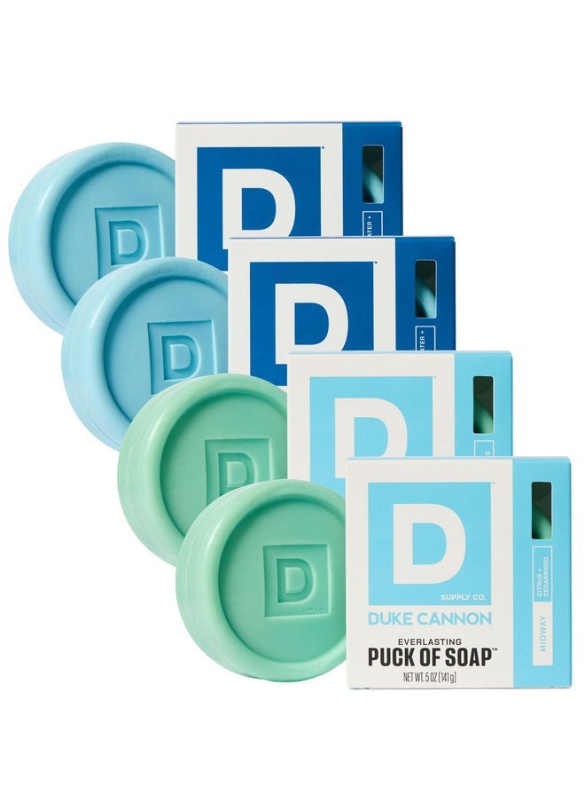 Duke Cannon Supply Co. Duke Cannon Supply Co. Bar Soap Puck Bundle - Men's Natural Rounded Bar Soap with Masculine Scents - Disc-Shaped Mens Soap - All Skin Types - Hydrating - Midway & Superior, 5 oz (4 Pack)  - Image 1