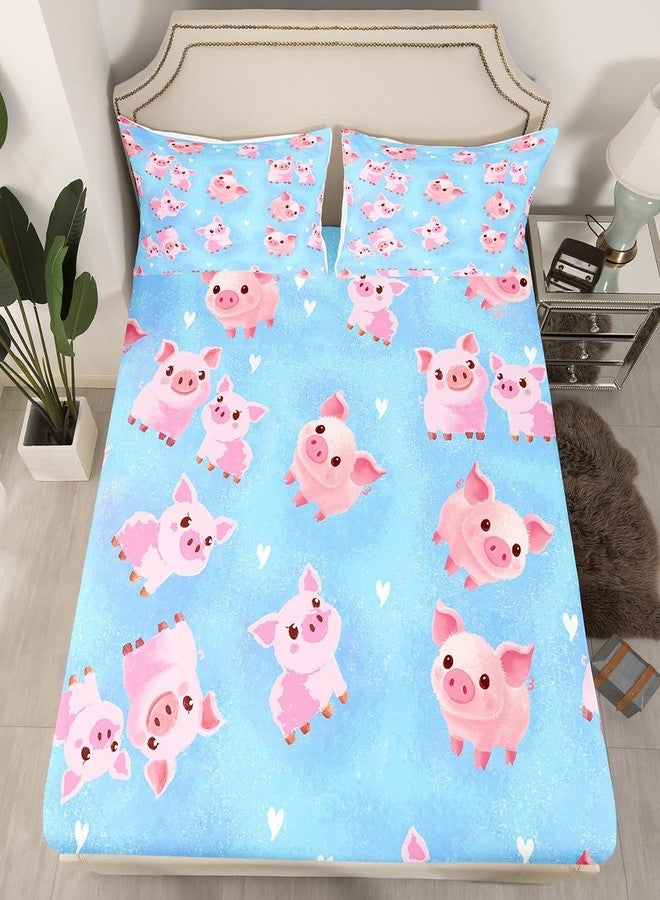 Feelyou Girls Bedding Set Kids Cute Pig Pattern Fitted Sheet for Children Teens Cartoon Little Pigs Bed Sheet Set Lovely Heart Pattern Bed Cover Bedroom Decor 3Pcs Full Size - Image 3