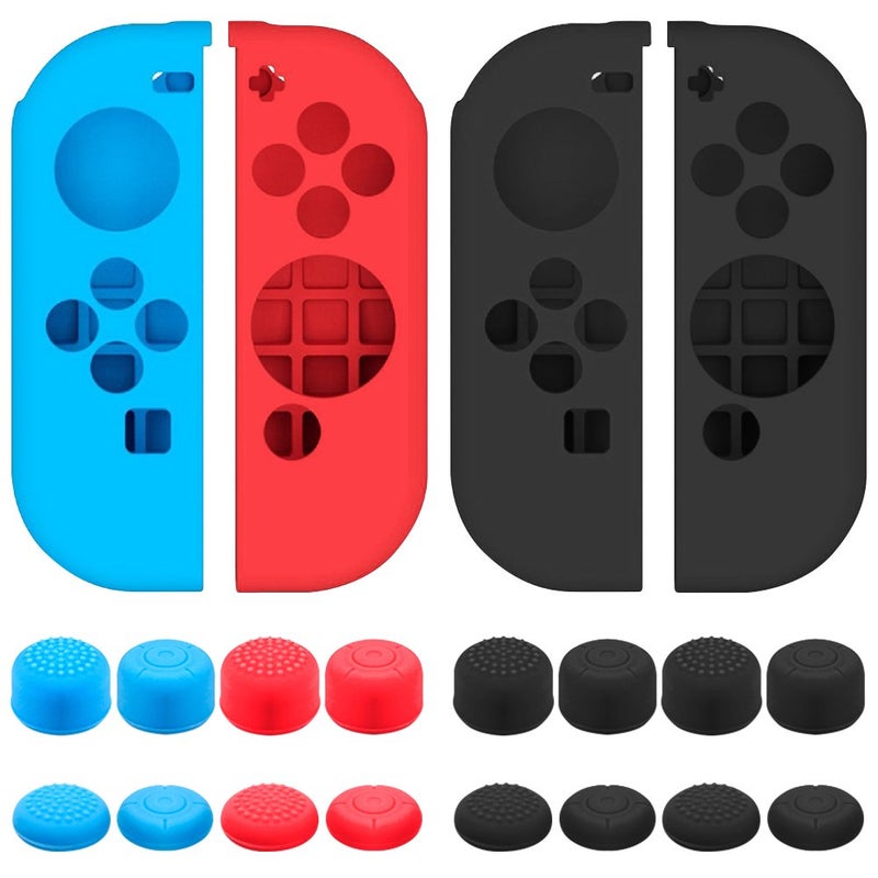 SENHAI Protective Case Compatible with Nintendo Switch Joy-Con Controller with Thumb Caps, SENHAI 2 Pack Anti-Slip Silicone Grips Covers with 16 Thumb Stick Pads - Black, Blue + Red - Image 1