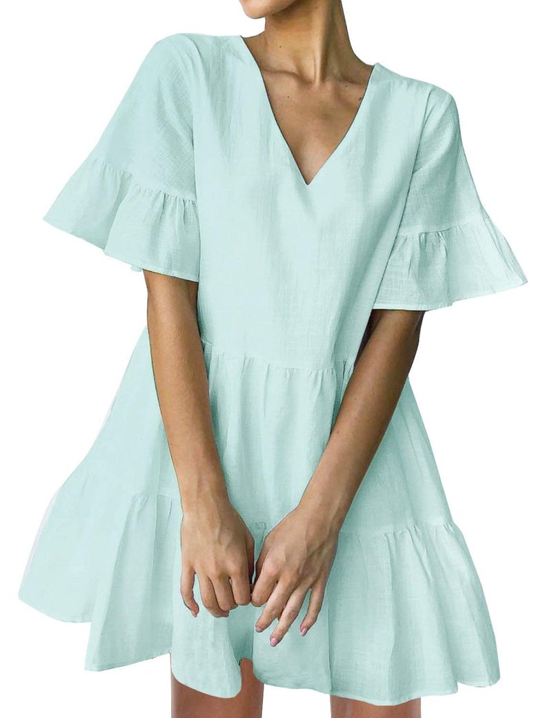 FANCYINN Womens Sweet Shift Dress with Pockets Bell Sleeve Ruffle Hem V Neck Spring Swing Tunic Mini Dress Light Green M - Image 1