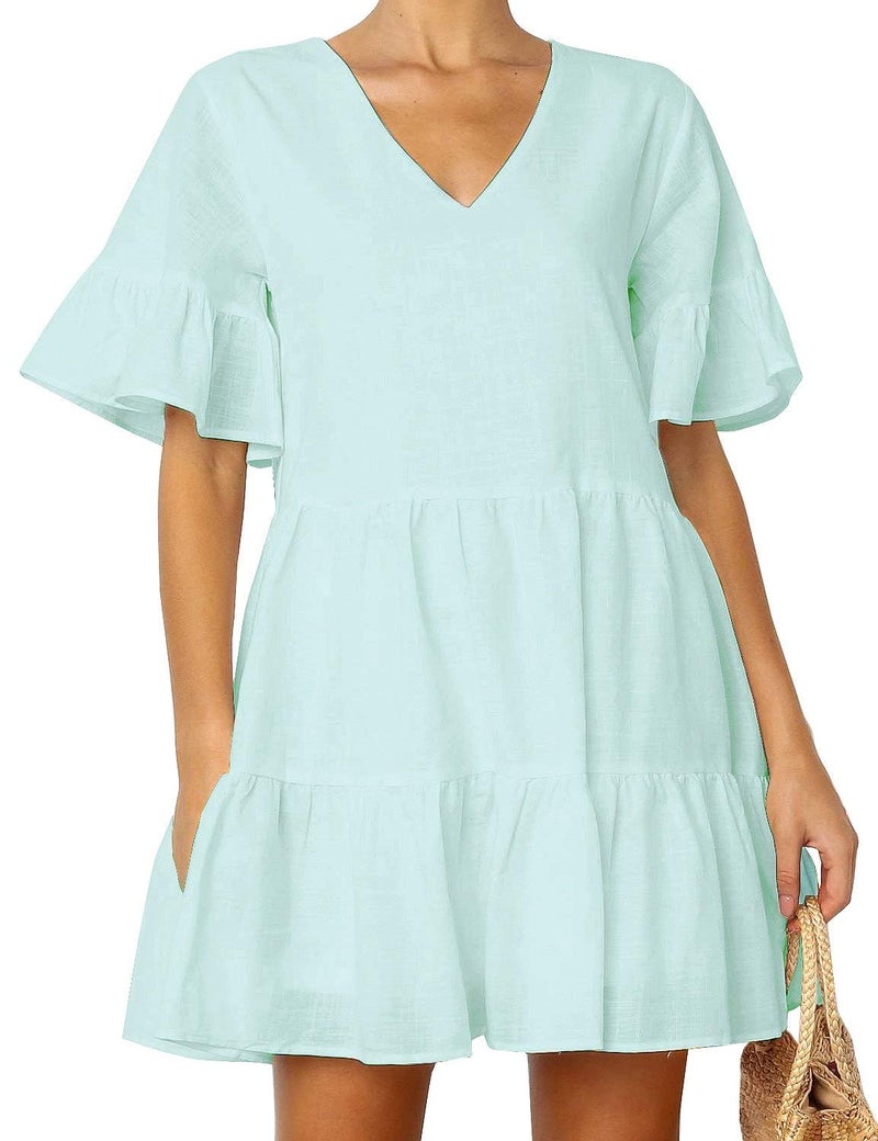 FANCYINN Womens Sweet Shift Dress with Pockets Bell Sleeve Ruffle Hem V Neck Spring Swing Tunic Mini Dress Light Green M - Image 3