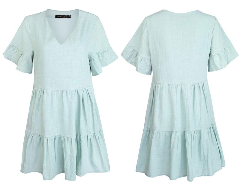 FANCYINN Womens Sweet Shift Dress with Pockets Bell Sleeve Ruffle Hem V Neck Spring Swing Tunic Mini Dress Light Green M - Image 4