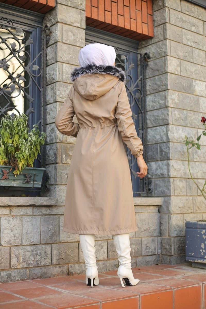 Vibeys Collection Beige Fur Lined and Waterproof Women's Winter Coat & Jacket - Image 4
