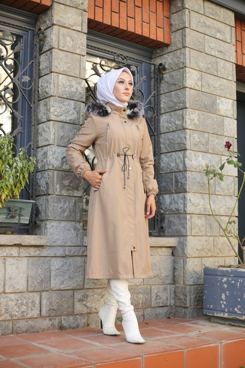 Vibeys Collection Beige Fur Lined and Waterproof Women's Winter Coat & Jacket - Image 2