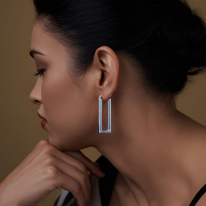 LeCalla 925 Sterling Silver Chunky Hoop Earrings for Women | Large Classic Handmade Rectangle Shaped Click-Top Hoop Earring 45MM - Image 4