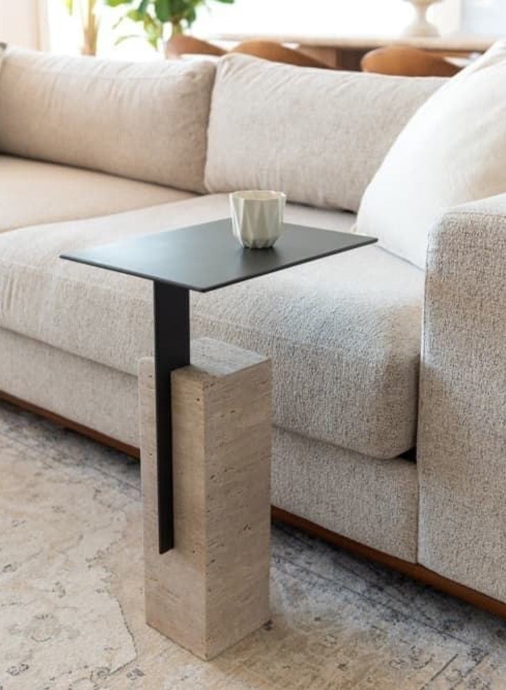 Iron serving table with a marble-like base