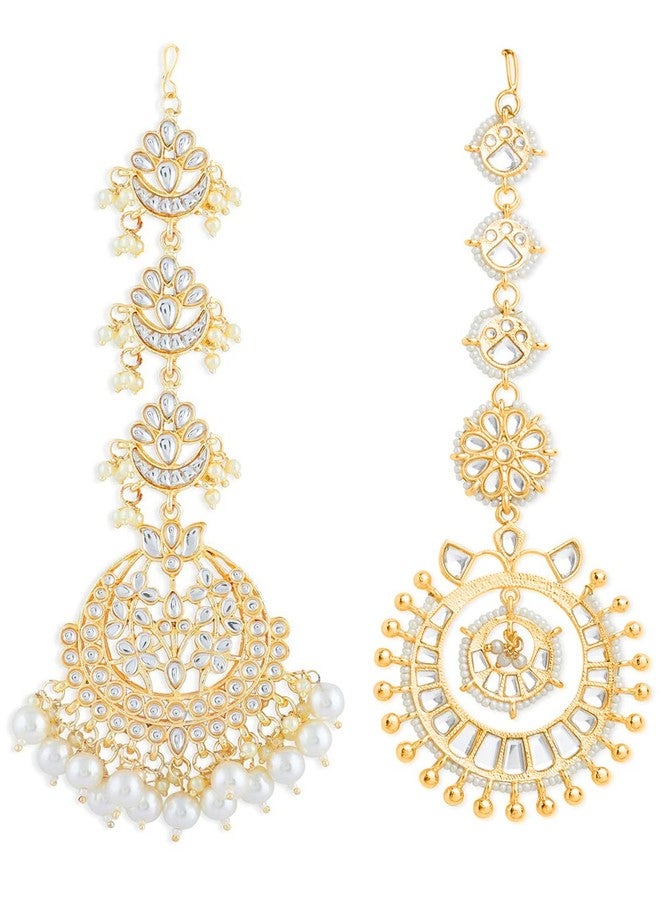 OOMPHelicious Jewellery Combo of 2 Gold Tone Kundan & Pearls Lotus Design Large Wedding Maangtikka For Women & Girls Stylish Latest (MTDP11-12_CC1) - Image 2
