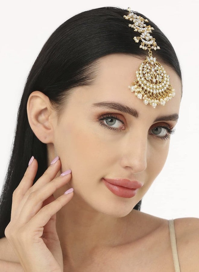 OOMPHelicious Jewellery Combo of 2 Gold Tone Kundan & Pearls Lotus Design Large Wedding Maangtikka For Women & Girls Stylish Latest (MTDP11-12_CC1) - Image 4