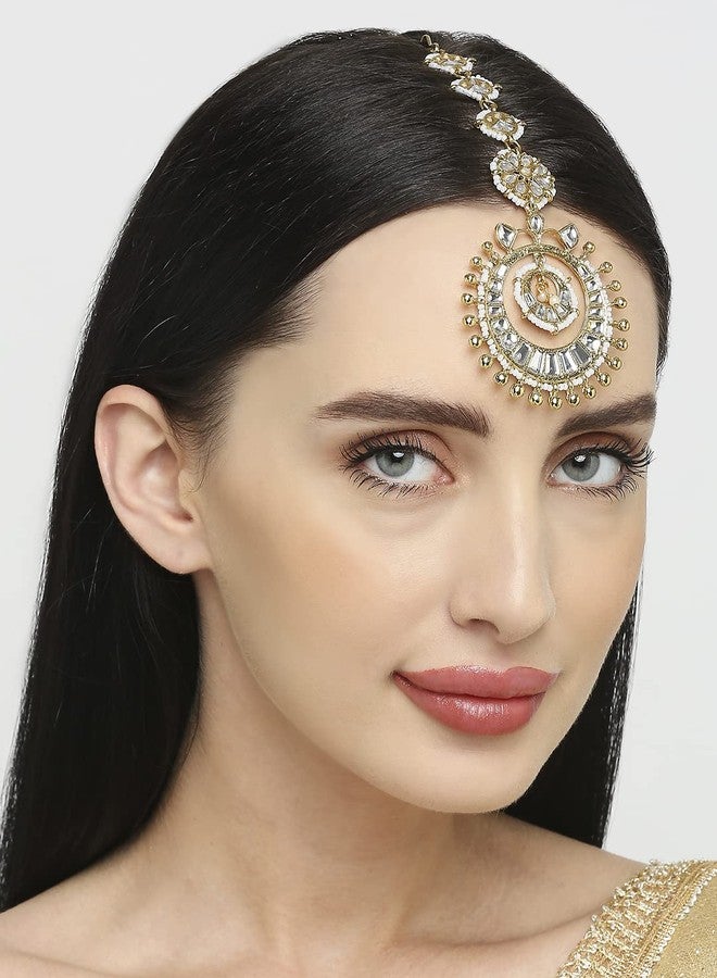 OOMPHelicious Jewellery Combo of 2 Gold Tone Kundan & Pearls Lotus Design Large Wedding Maangtikka For Women & Girls Stylish Latest (MTDP11-12_CC1) - Image 3