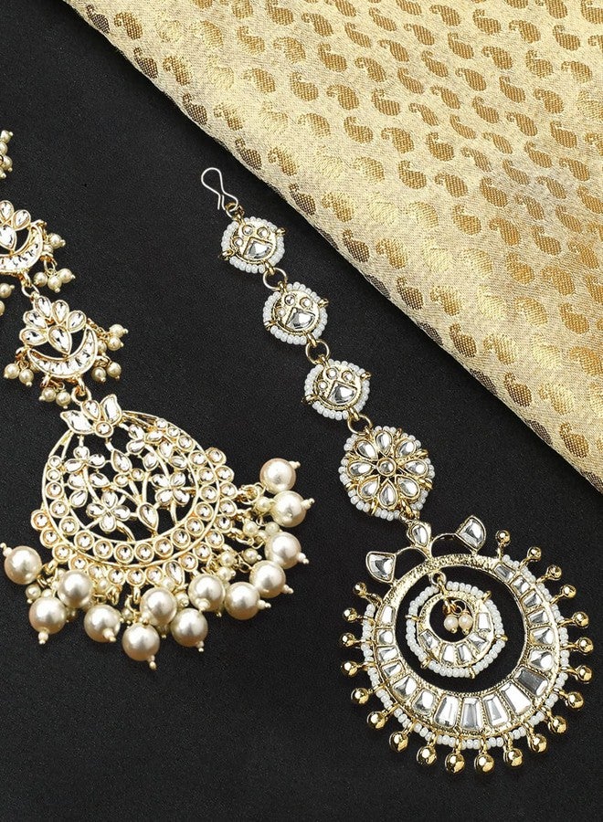 OOMPHelicious Jewellery Combo of 2 Gold Tone Kundan & Pearls Lotus Design Large Wedding Maangtikka For Women & Girls Stylish Latest (MTDP11-12_CC1) - Image 5