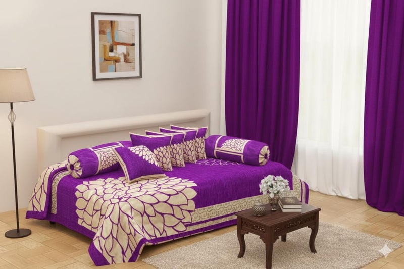 FRESH FROM LOOM Diwan Set Covers 500 Tc Chenille Diwan Sets 8 pc for Living Room, Dining Hall, Multicolour, Size Single Bed - Image 3