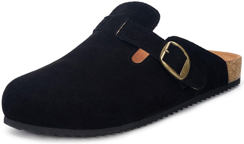 Intini Genuine Suede Clogs for Mens Womens Leather Clogs Adjustable Buckle Cork Footbed Home Slippers Sandals Black - Image 1