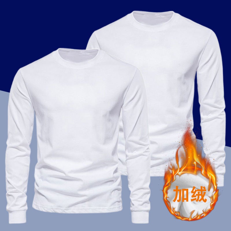 Trendy White T-Shirt Men'S Long-Sleeved T-Shirt Thin Velvet Pure Cotton Body Pure Color Inner Youth Drawstring Bottoming Shirt - Image 1