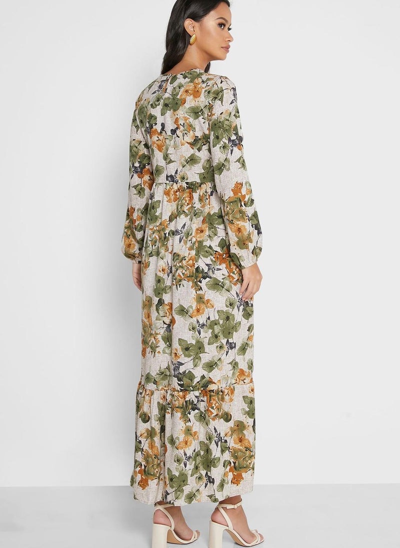 Tavin by Modanisa - Floral Print Shirred Dress - Image 1