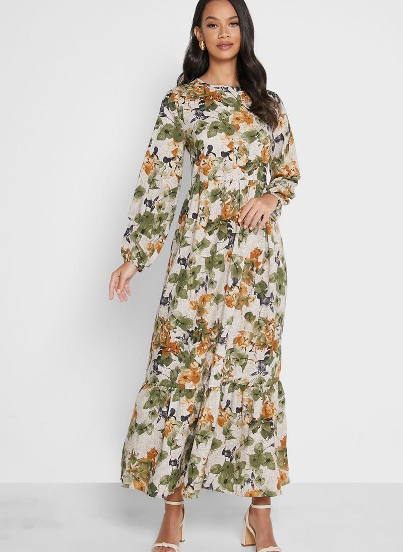 Tavin by Modanisa - Floral Print Shirred Dress - Image 1