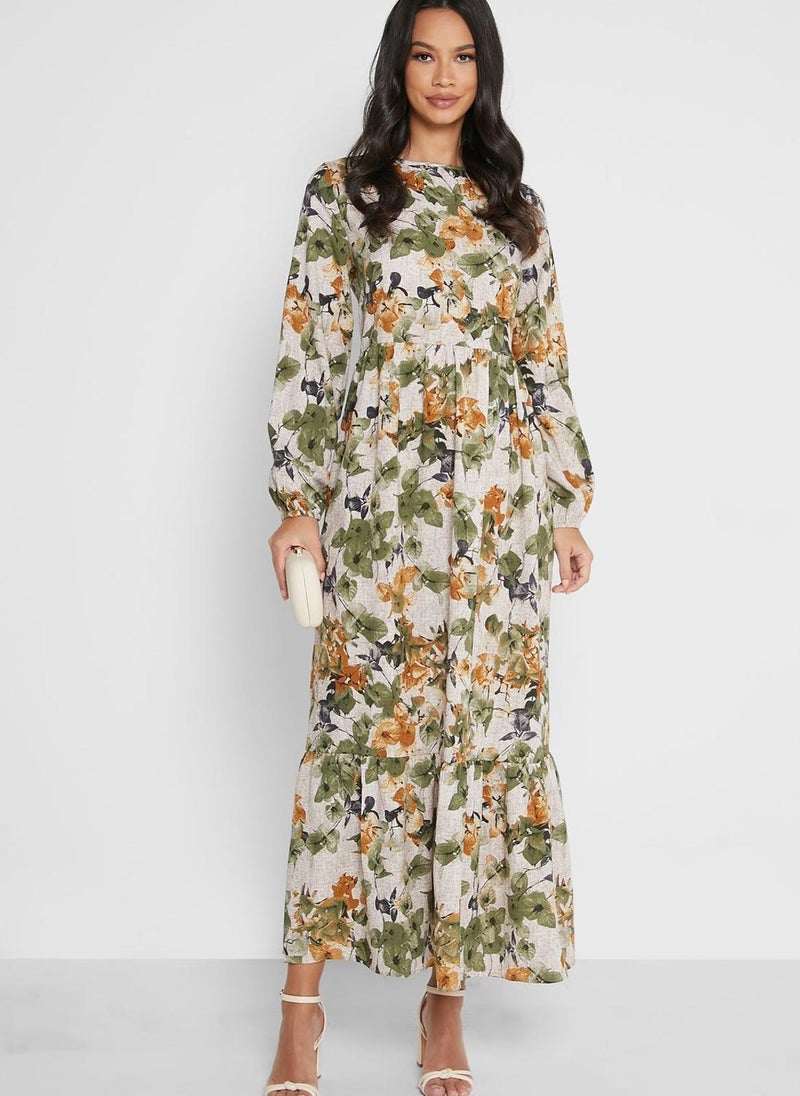 Tavin by Modanisa - Floral Print Shirred Dress - Image 1