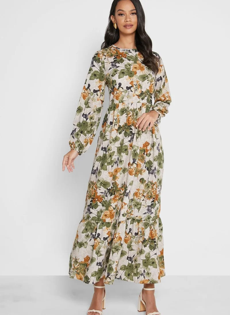 Tavin by Modanisa Floral Print Shirred Dress