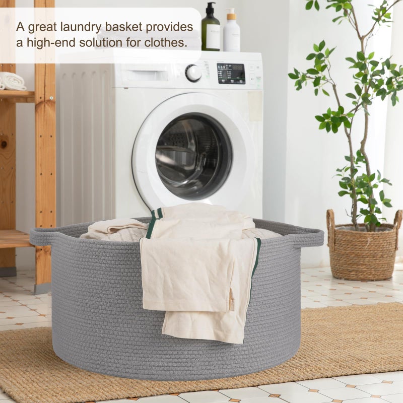 OIAHOMY 90L Blanket Basket for Living Room, Large Basket 23" x 23" x 13" with Handle, Laundry Hamper for Blankets, Pillows, Toy Storage for Kids, Dogs - Light Grey - Image 4