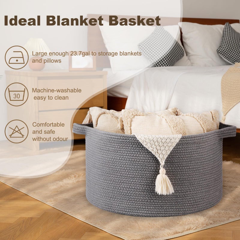 OIAHOMY 90L Blanket Basket for Living Room, Large Basket 23" x 23" x 13" with Handle, Laundry Hamper for Blankets, Pillows, Toy Storage for Kids, Dogs - Light Grey - Image 3