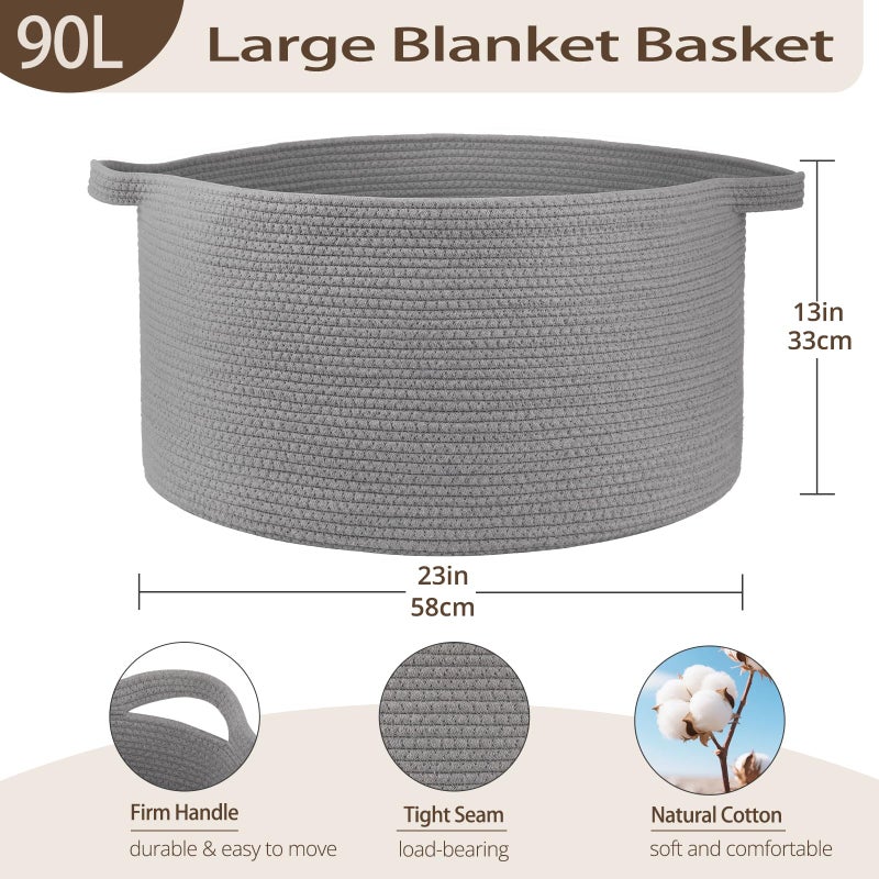 OIAHOMY 90L Blanket Basket for Living Room, Large Basket 23" x 23" x 13" with Handle, Laundry Hamper for Blankets, Pillows, Toy Storage for Kids, Dogs - Light Grey - Image 2